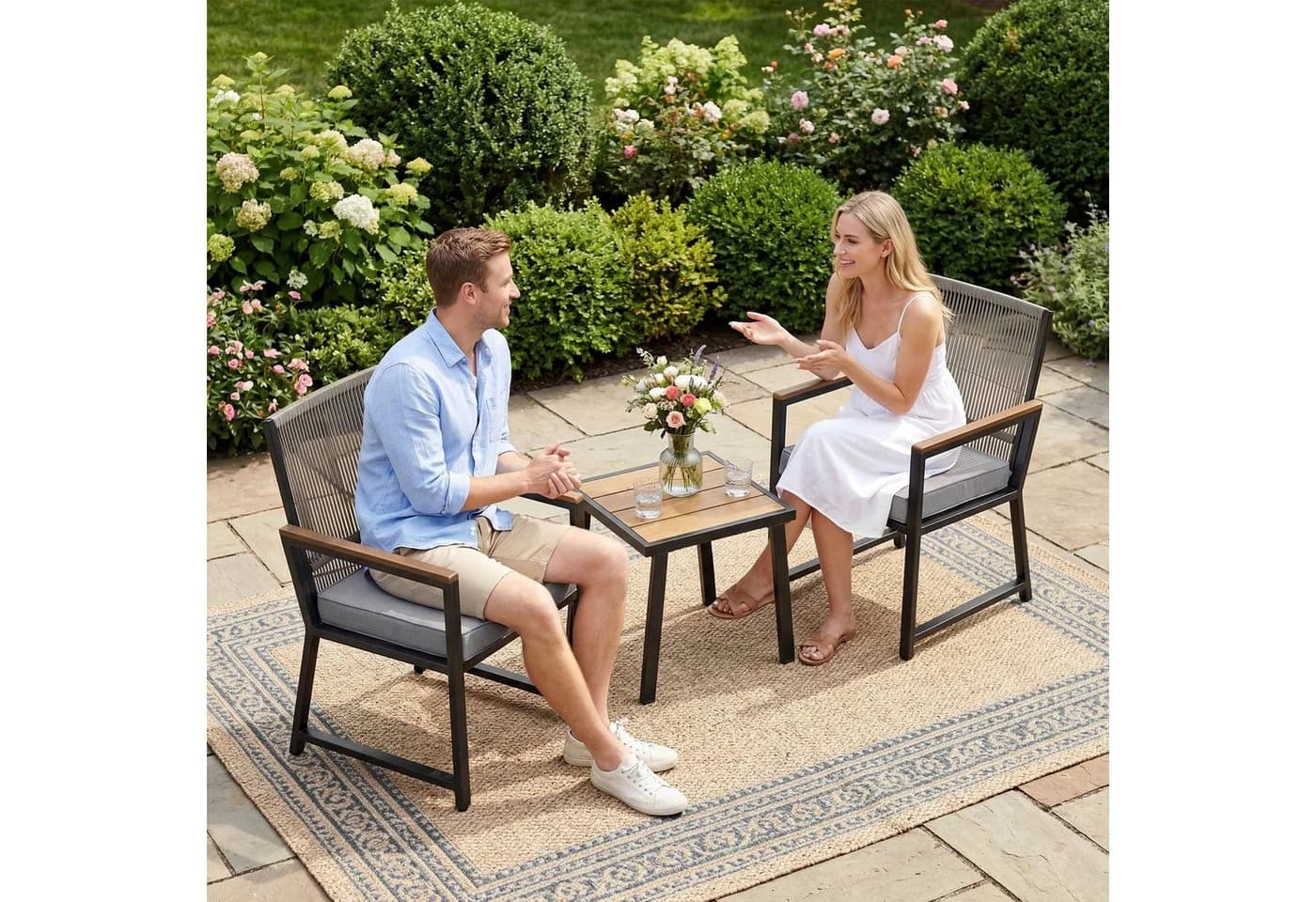 TLGREEN Gartenlounge-Set 3-tlg. Grau Metall & Rattan mit Kissen - Bild 5