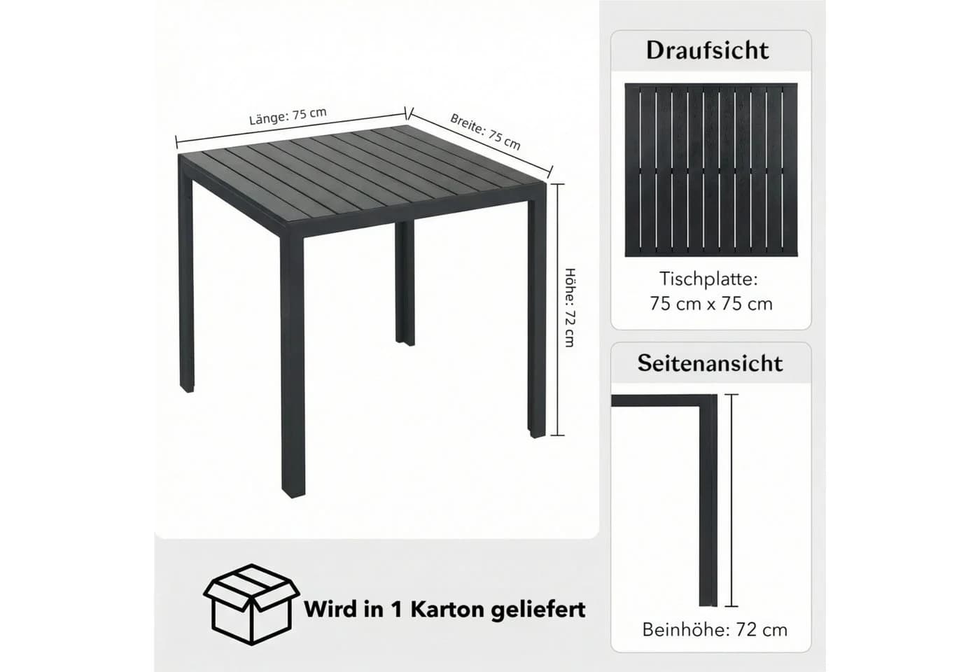 TLGREEN Gartentisch Aluminiumrahmen Quadratisch 75x75cm WPC Balkontisch Schwarz