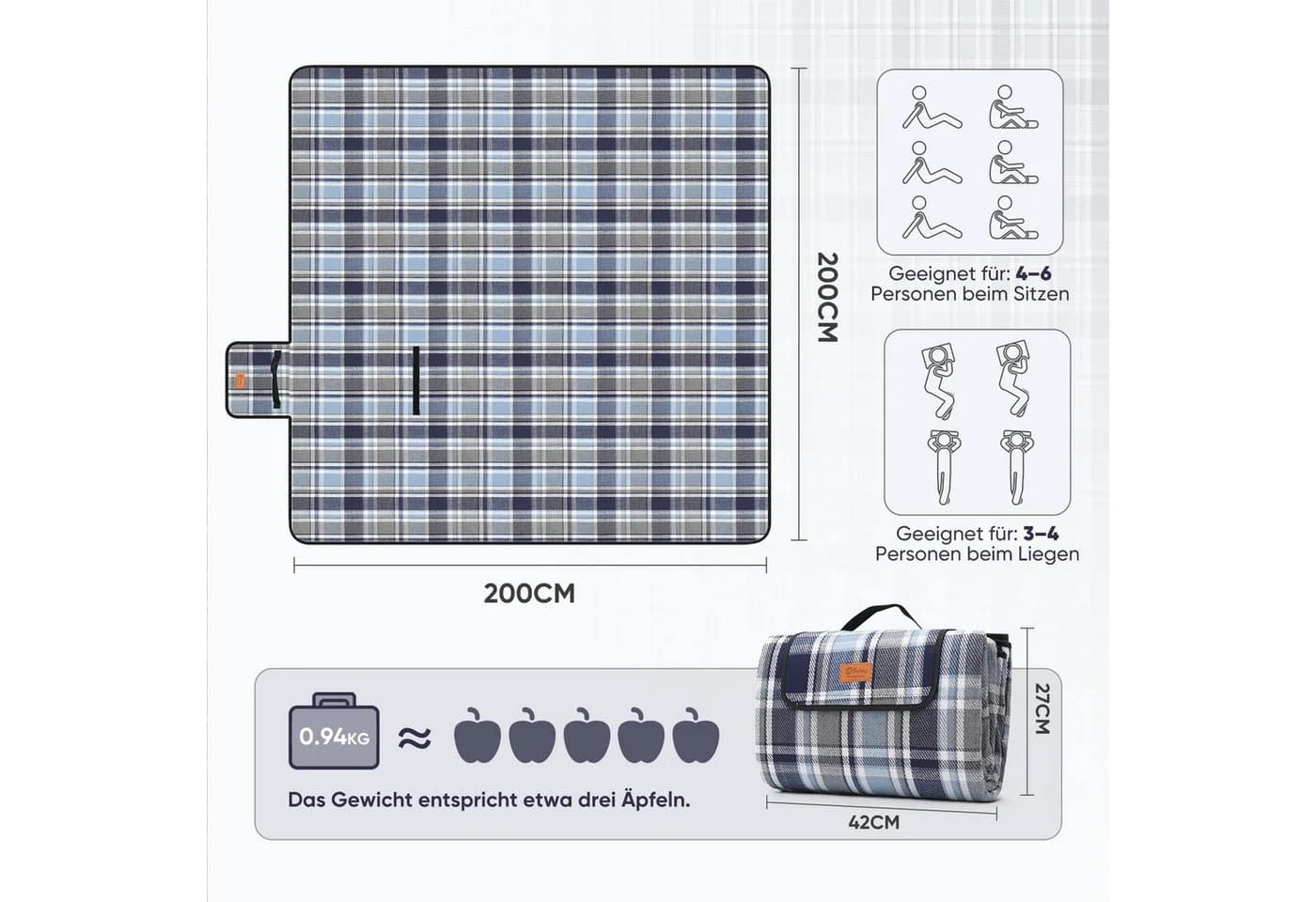 Sekey Picknickdecke 200x200 cm XXL Wasserdicht Blau