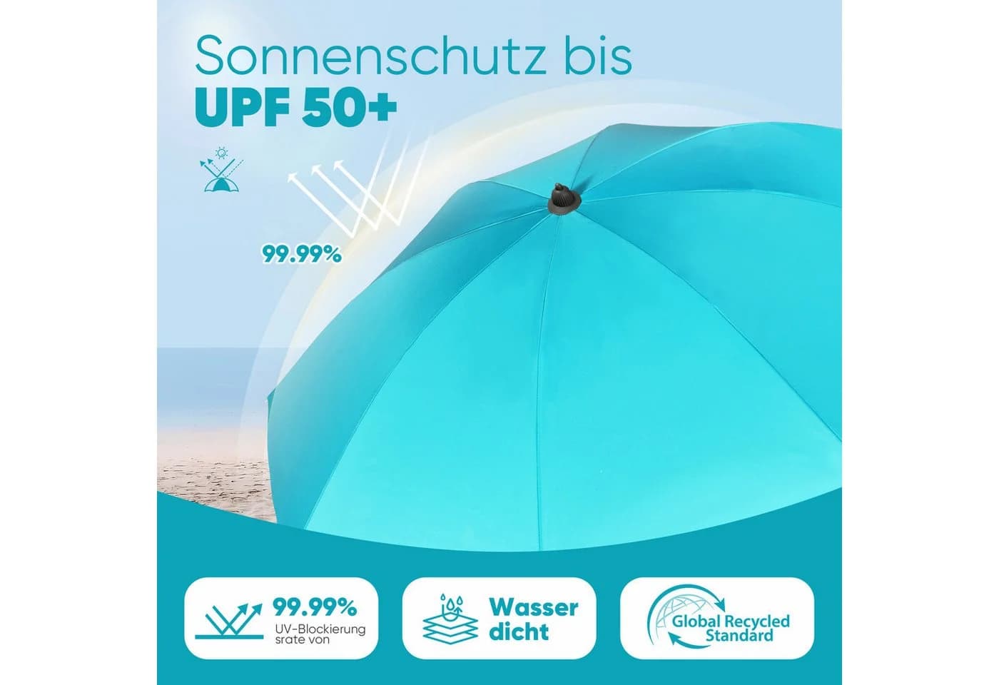 Sekey Sonnenschirm Ø160 cm Türkis UV50+ mit Bodenhülse - Bild 5