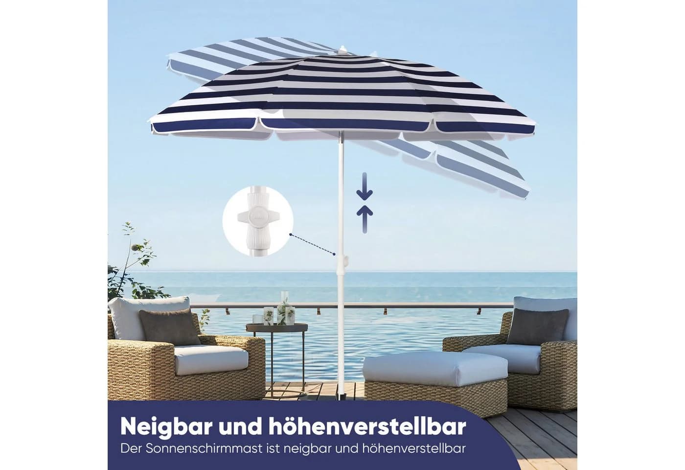 Sekey Sonnenschirm Ø180 cm Balkonschirm Terrassenschirm Blau-Weiß UV-Schutz 50+ - Bild 3