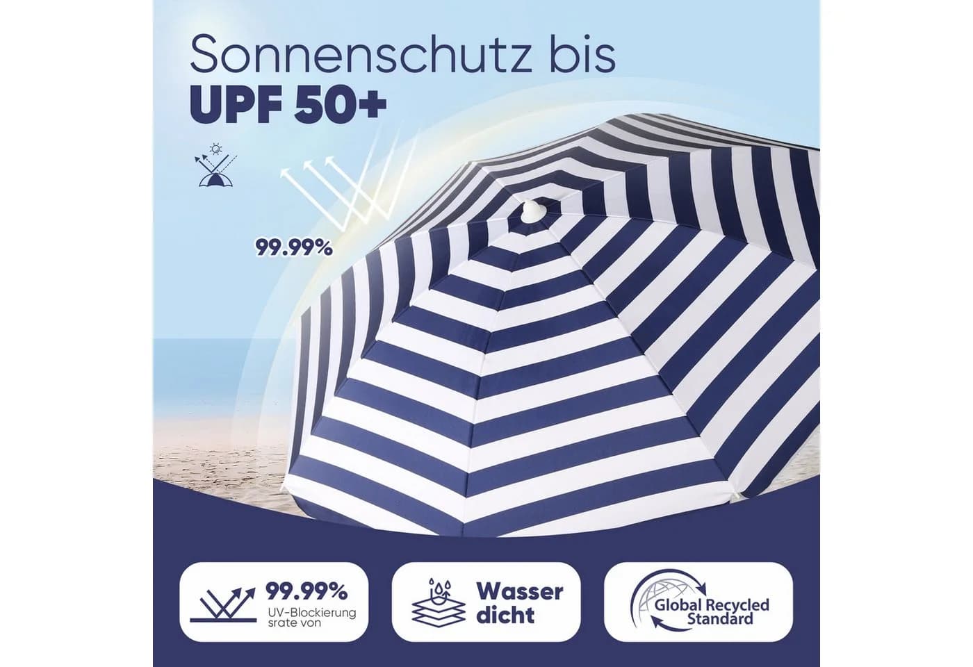 Sekey Sonnenschirm Ø180 cm Balkonschirm Terrassenschirm Blau-Weiß UV-Schutz 50+ - Bild 4