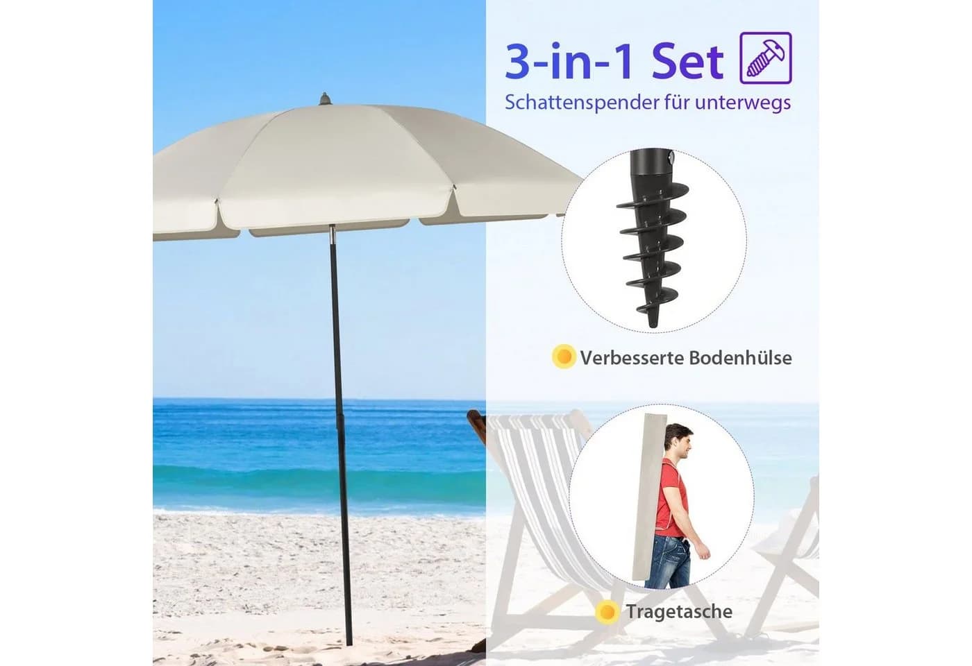 Sekey Sonnenschirm 180 cm Grau Beige UPF 50+ Höhenverstellbar - Bild 4