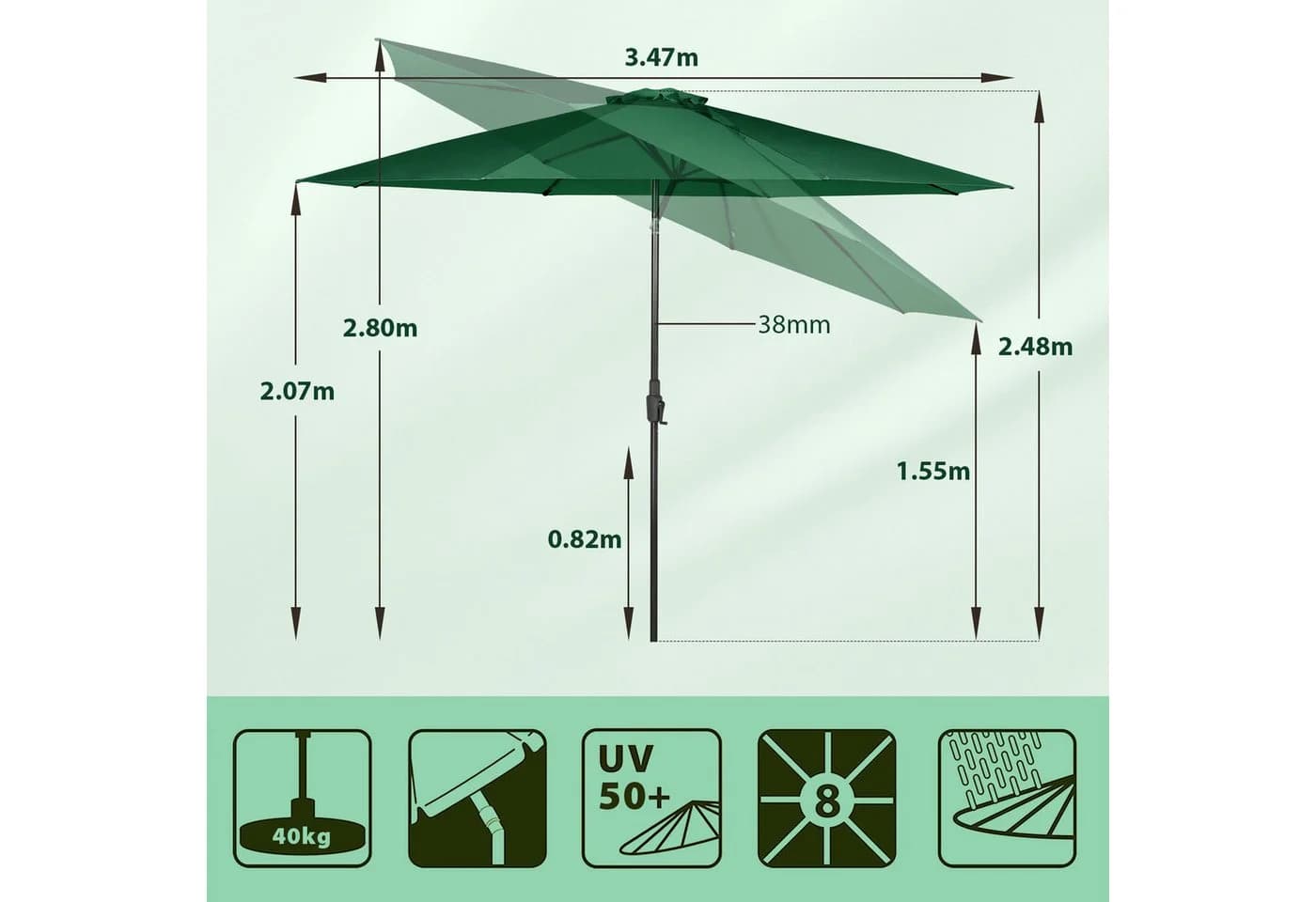 Sekey Marktschirm 350 cm Grün mit Kurbel - Bild 3