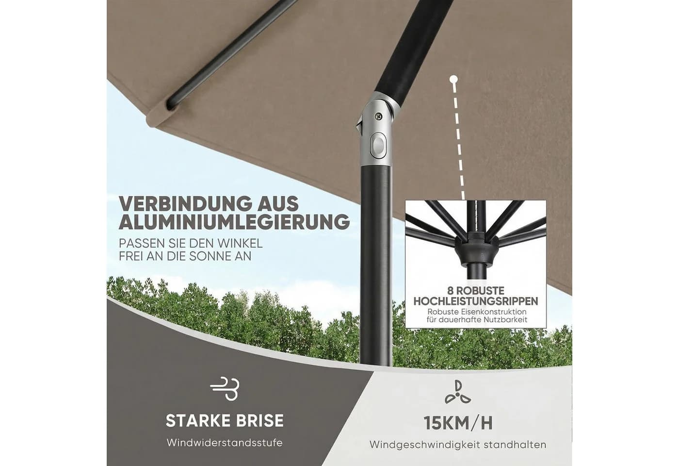 Sekey Marktschirm 3m mit Kurbel und UV-Schutz 50+ Braun - Bild 3