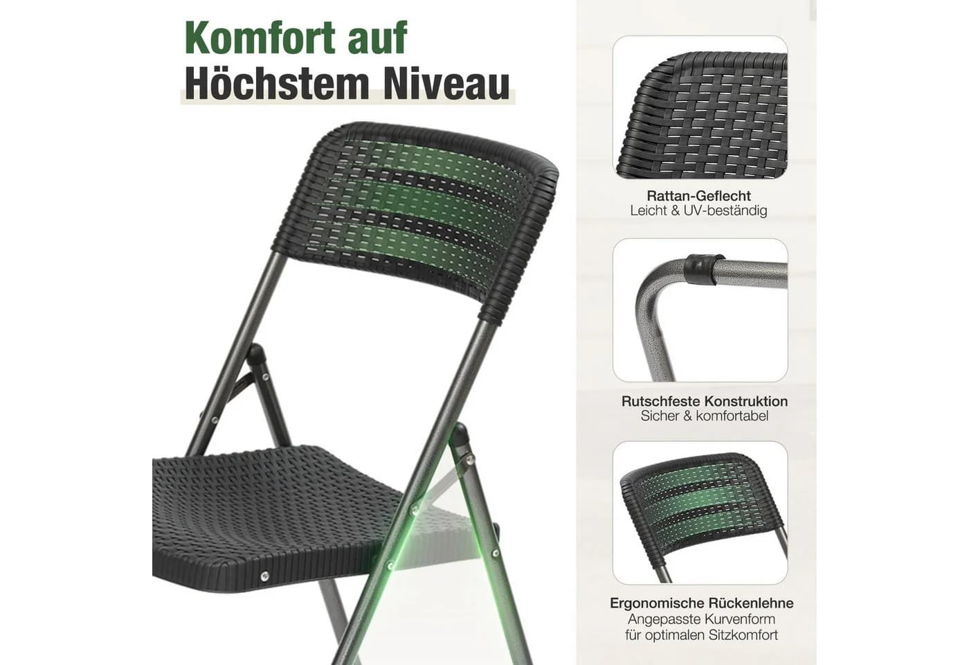 Sekey Klappstuhl Gartenstuhl Polyrattan, Campingstuhl Wasserdicht, Schwarz