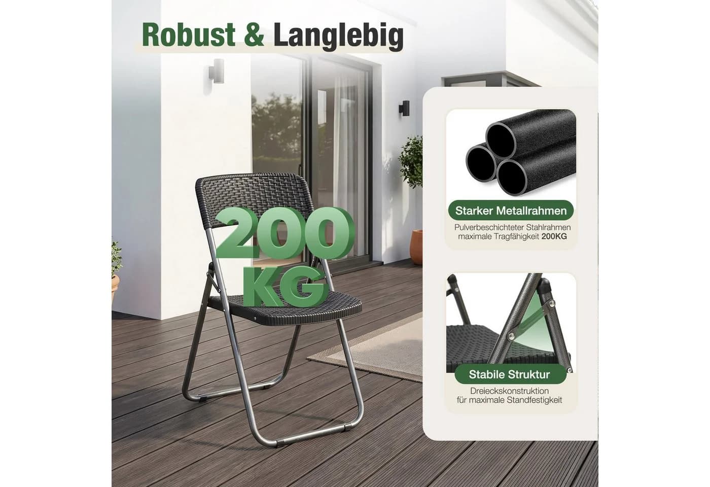 Sekey Klappstuhl Gartenstuhl Polyrattan, Campingstuhl Wasserdicht, Schwarz - Bild 3
