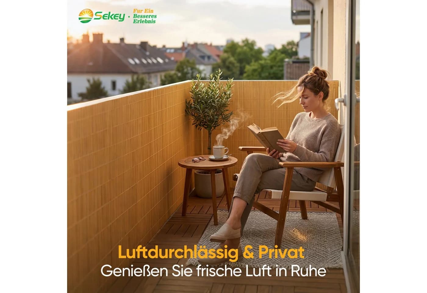 Sekey Sichtschutzmatte Balkon Wetterfest UV-beständig Natur-Optik