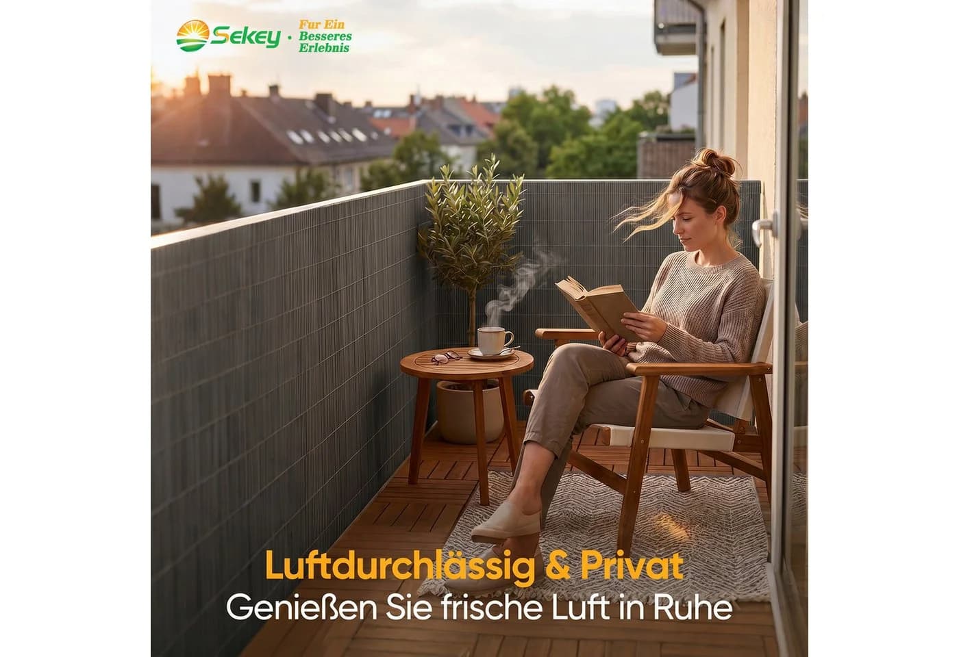 Sekey Sichtschutzmatte Balkonsichtschutz Wetterfest UV-beständig Natur-Optik