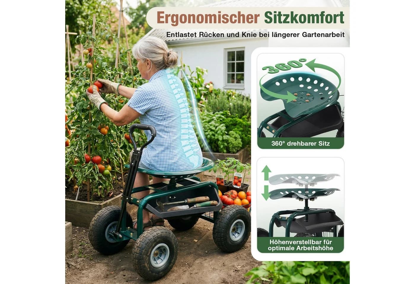 Sekey Kniebank Rollsitz Garten 360° drehbar Schwarz/Grün - Bild 3