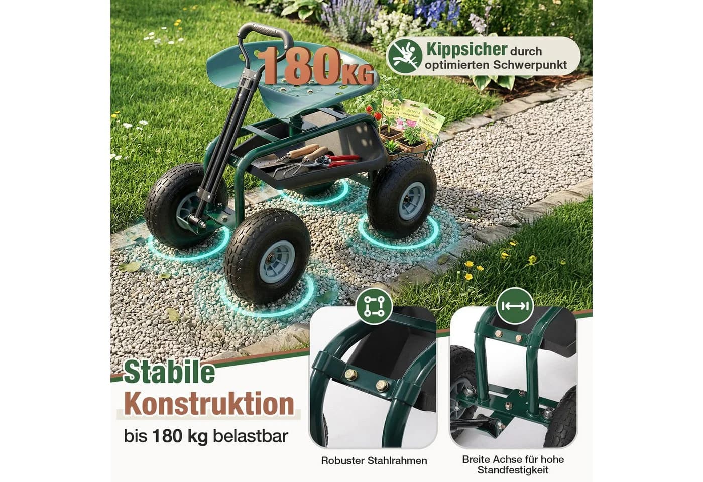 Sekey Kniebank Rollsitz Garten 360° drehbar Schwarz/Grün - Bild 4