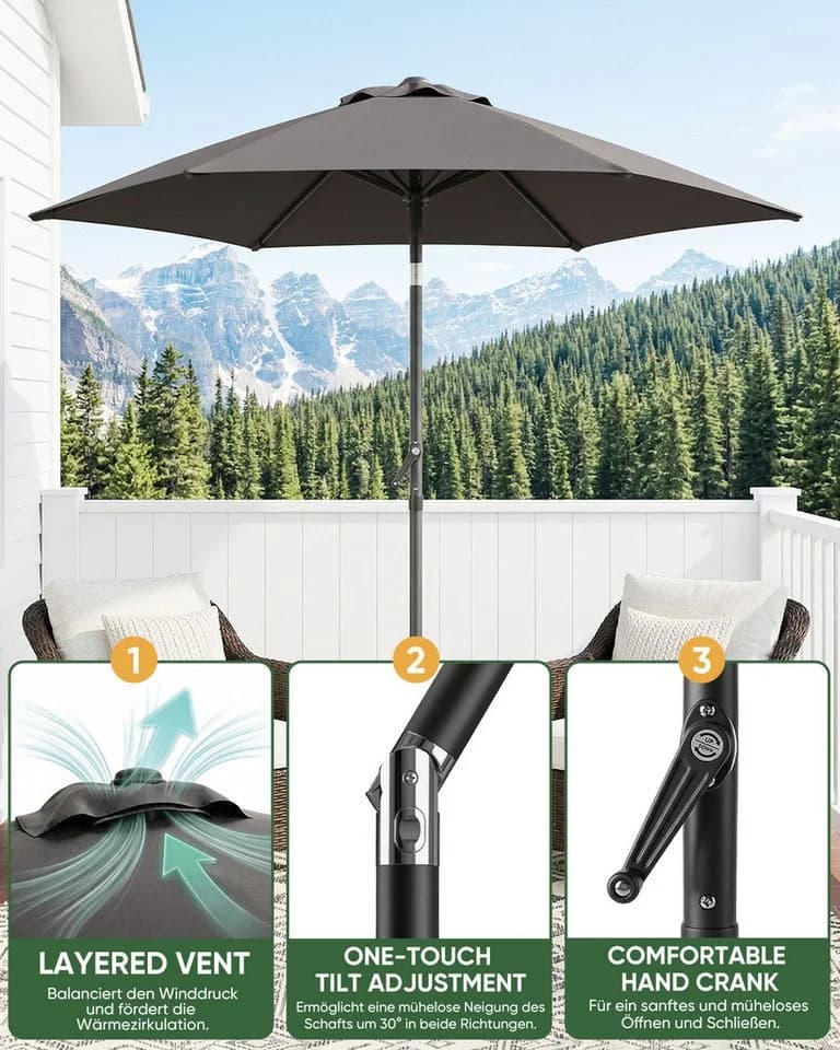 Sekey Sonnenschirm 200 cm Rund Dunkelgrau Knickbar mit Kurbel