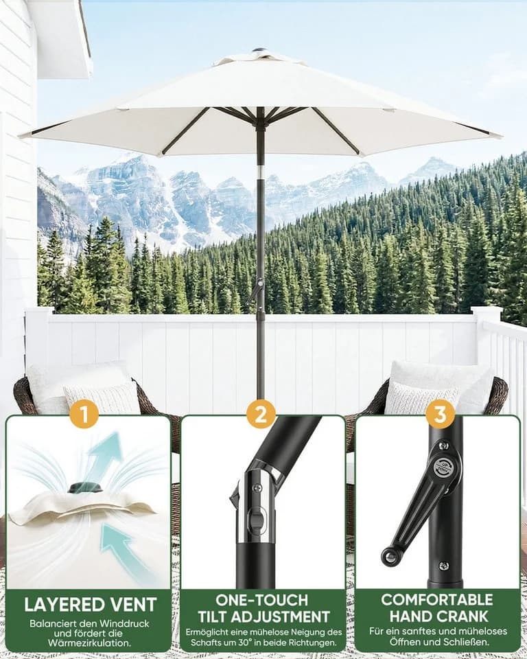 Sekey Sonnenschirm 200 cm Knickbar mit Kurbel UV 50+ Creme