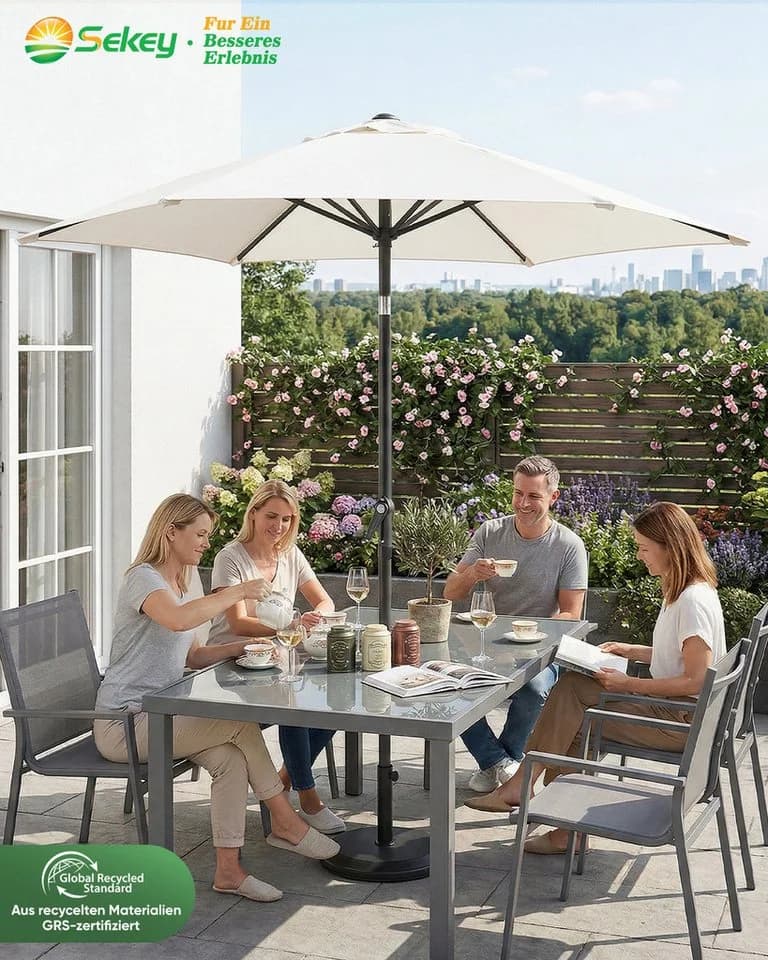Sekey Sonnenschirm 200 cm Knickbar mit Kurbel UV 50+ Creme - Bild 3