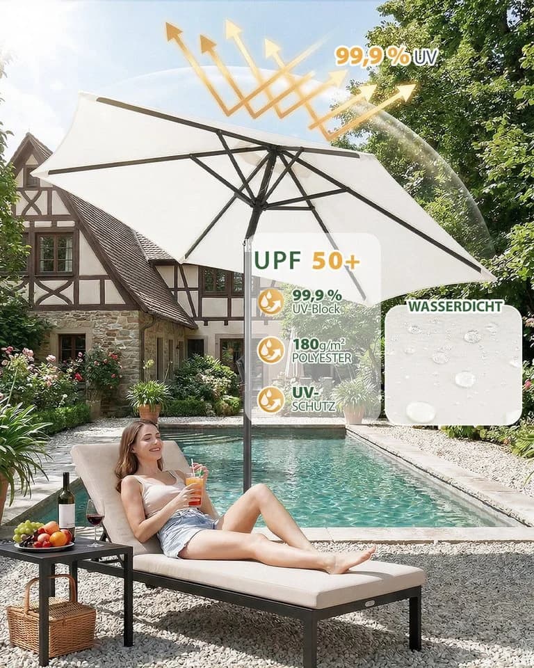 Sekey Sonnenschirm 200 cm Knickbar mit Kurbel UV 50+ Creme - Bild 4