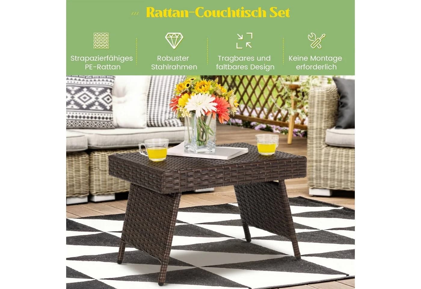 COSTWAY Rattantisch Beistelltisch Klappbar 60x40x40 cm Braun - Bild 3