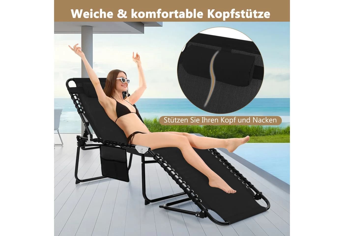 COSTWAY Gartenliege Klappbar 4-fach Verstellbar mit Kopfkissen - Bild 3