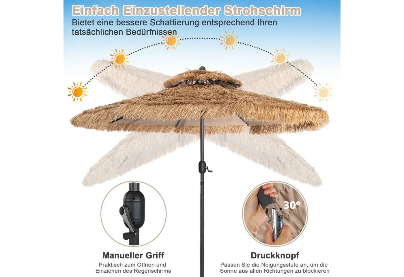 COSTWAY Sonnenschirm Tiki-Stil 285 cm neigbar mit Kurbel - Bild 4