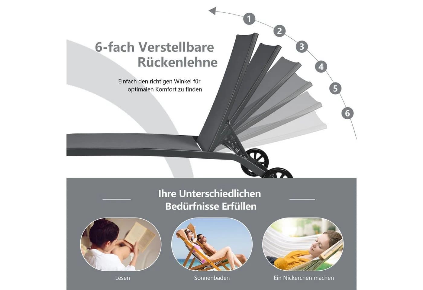 COSTWAY Gartenliege Sonnenliege Grau mit Rollen 6-fach verstellbar - Bild 3