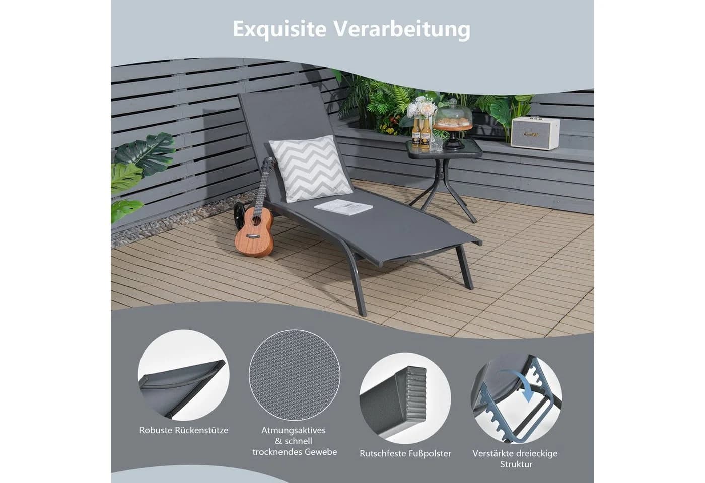COSTWAY Gartenliege Sonnenliege Grau mit Rollen 6-fach verstellbar - Bild 5