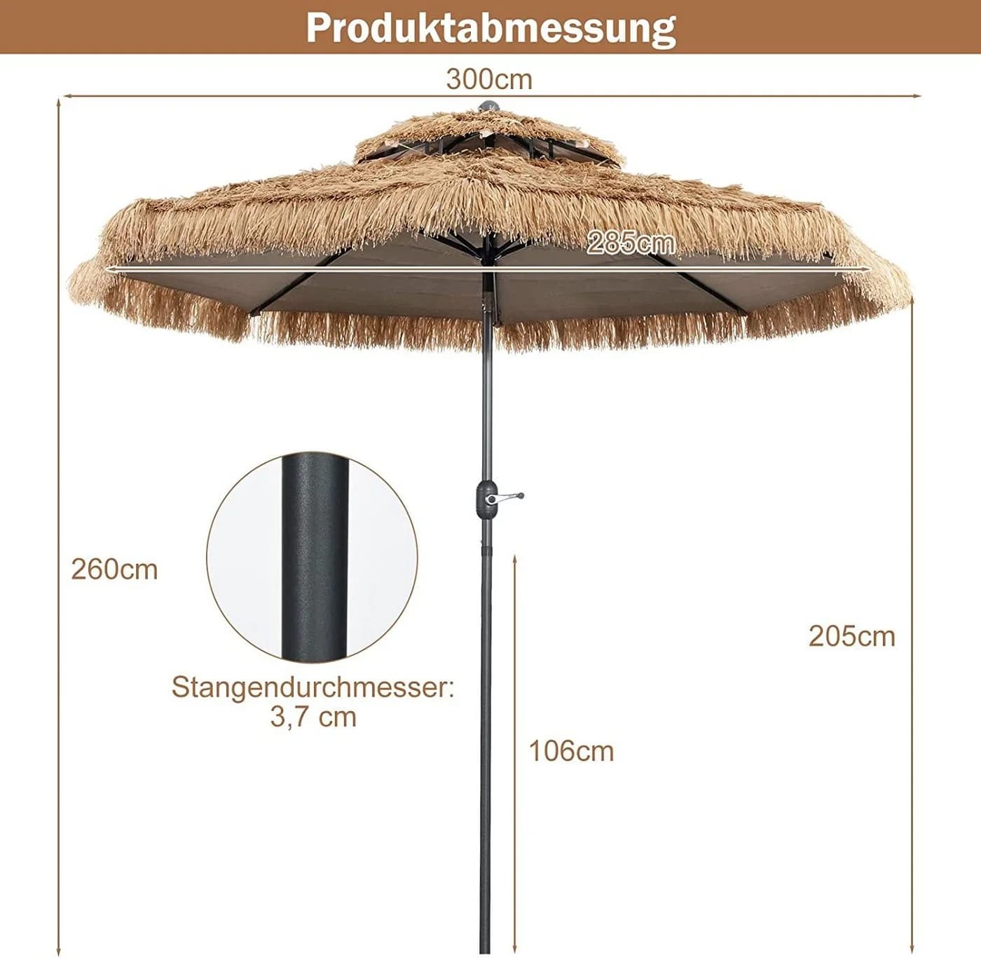 KOMFOTTEU Sonnenschirm 285cm Strohschirm mit Doppeldach & Handkurbel - Bild 5