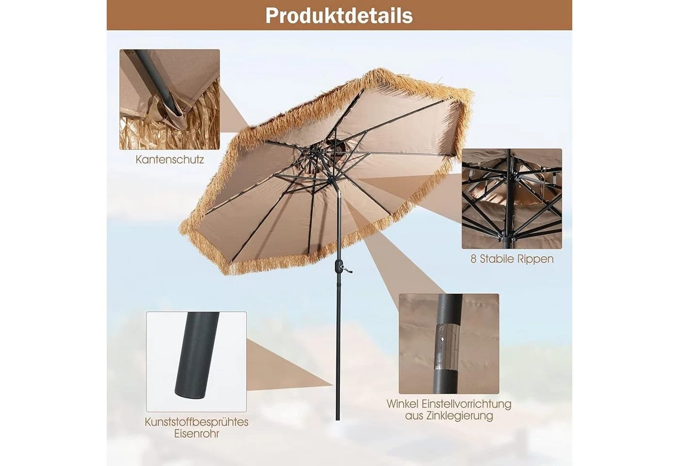 KOMFOTTEU Sonnenschirm 270 cm Strohschirm mit Doppeldach & Handkurbel - Bild 4