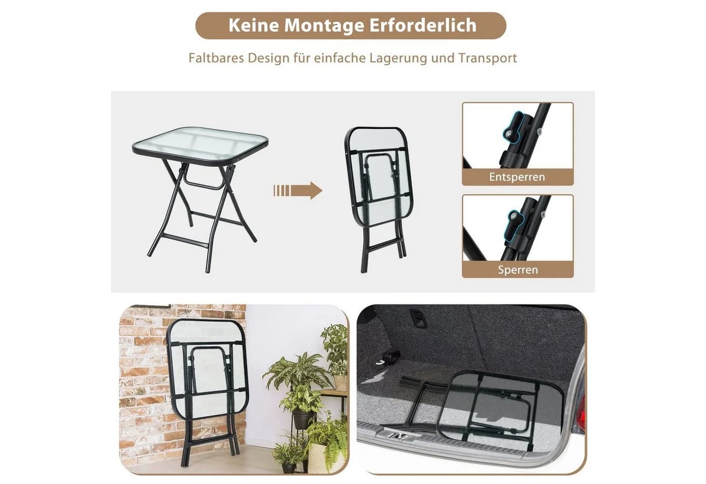 COSTWAY Bistrotisch quadratisch aus gehärtetem Glas klappbar - Bild 3