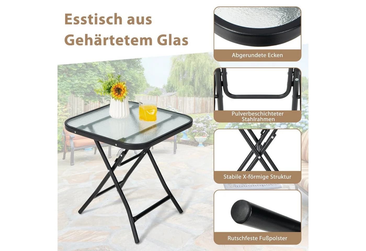 COSTWAY Bistrotisch quadratisch aus gehärtetem Glas klappbar - Bild 4