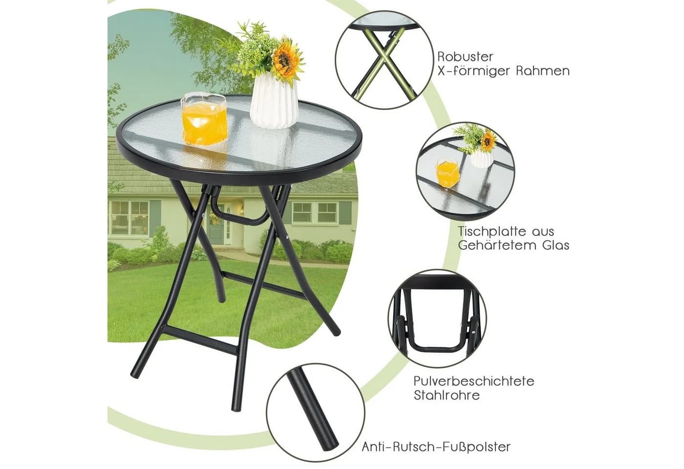 COSTWAY Bistrotisch Gartentisch Rund 46 cm Gehärtetes Glas