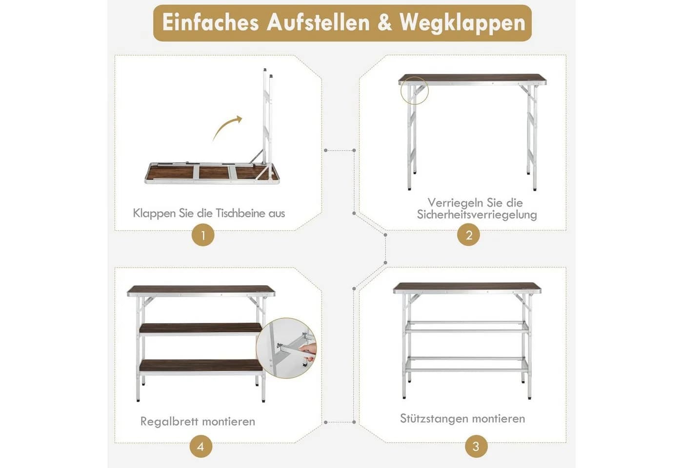 COSTWAY Campingtisch Klapptisch mit Stauraum braun Aluminium - Bild 5