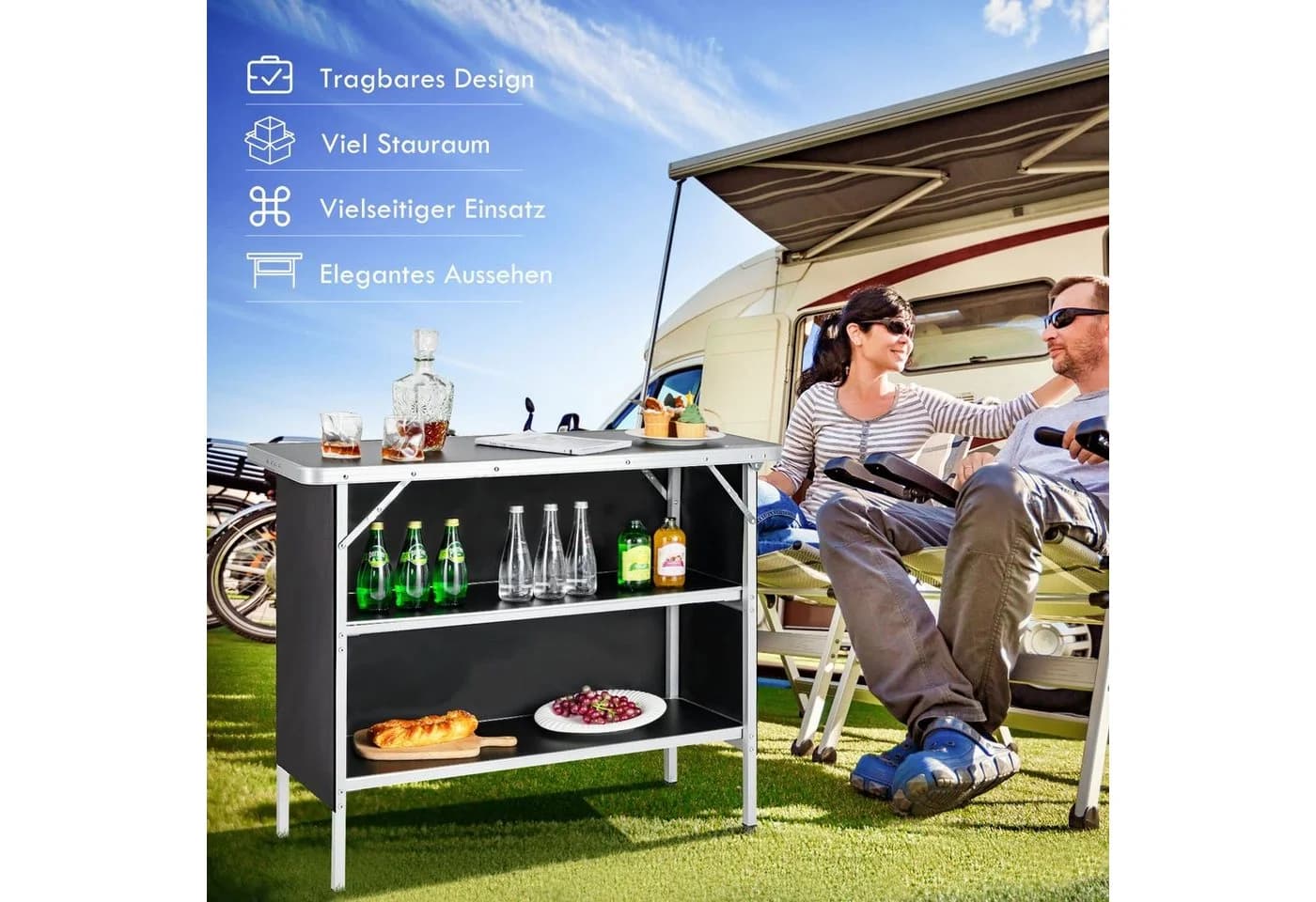 COSTWAY Campingtisch Klappbar Schwarz mit 2 Regalen