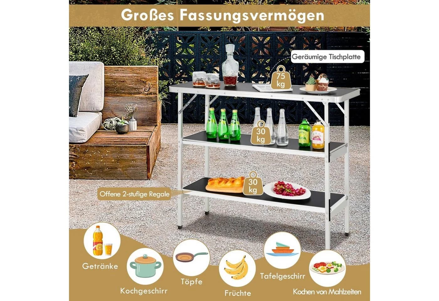COSTWAY Campingtisch Klappbar Schwarz mit 2 Regalen - Bild 4