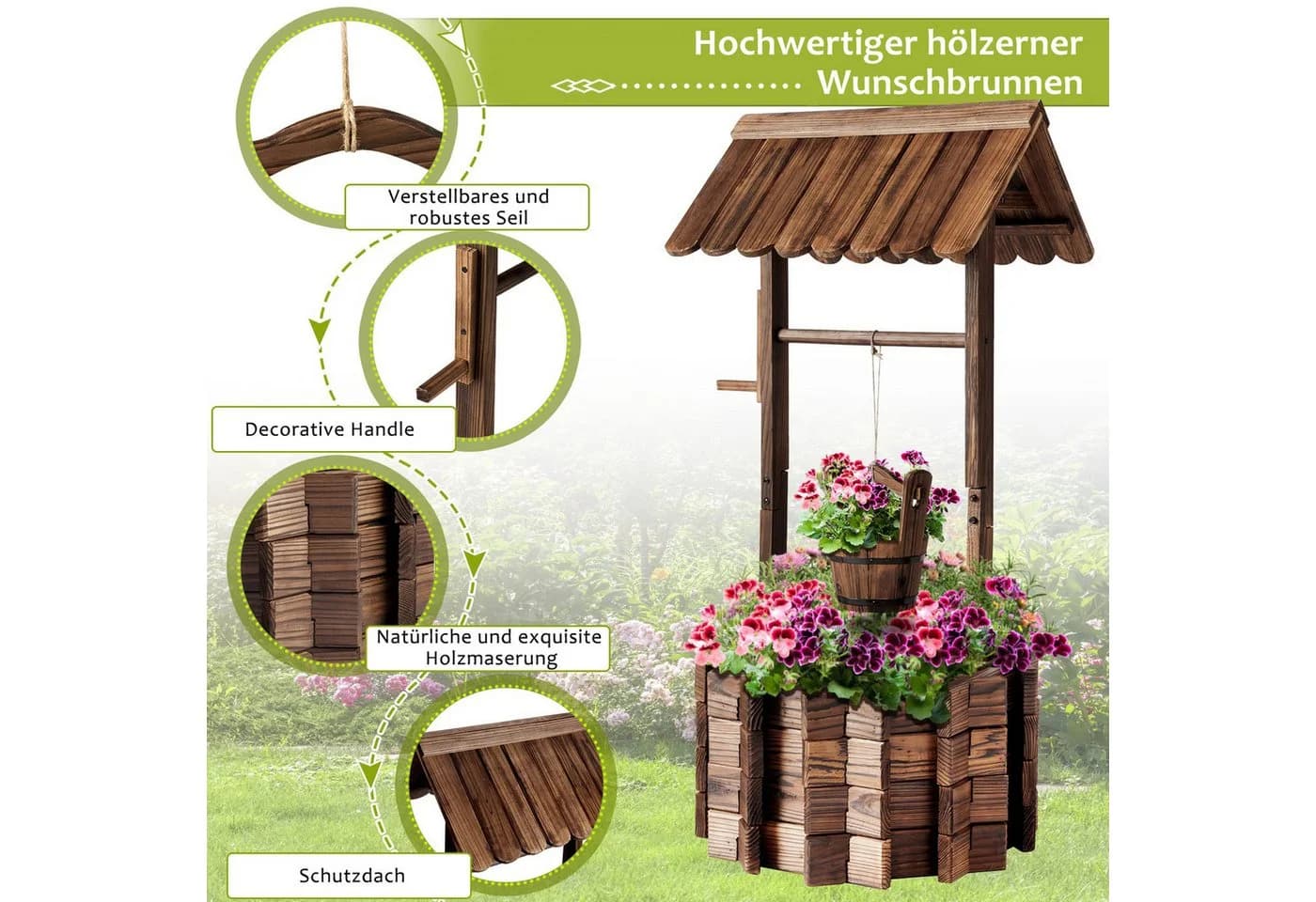 AOXUN Pflanzkübel Wunschbrunnen Holz Achteckig 55x55x117cm - Bild 3