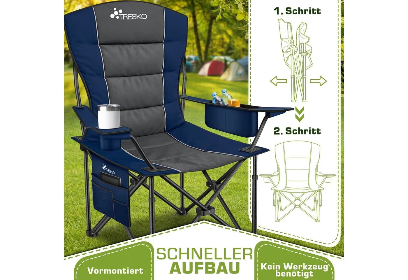Faltbarer Campingstuhl aus Stahlrohr mit Armlehnen und Getränkehalter - Bild 3
