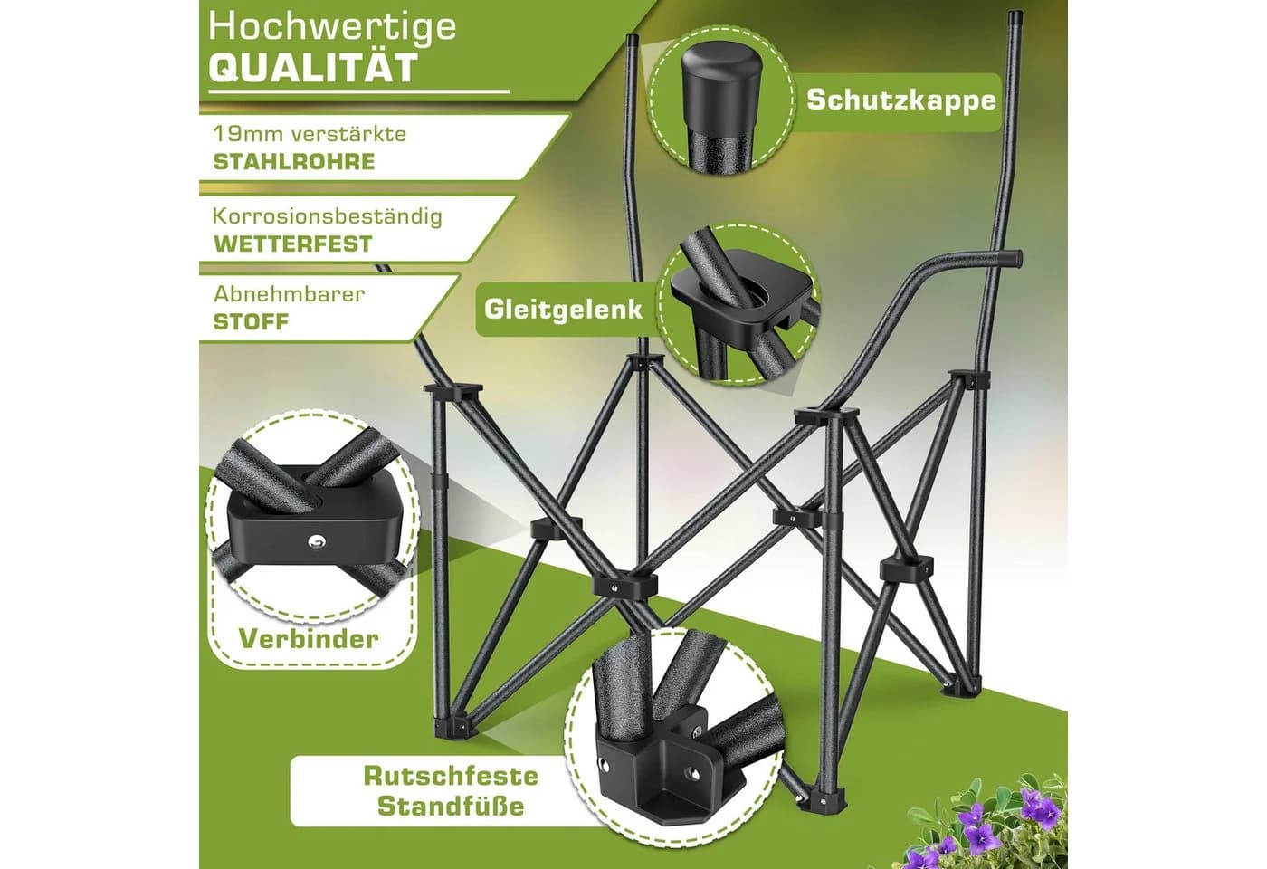 Faltbarer Campingstuhl aus Stahlrohr mit Armlehnen und Getränkehalter - Bild 4
