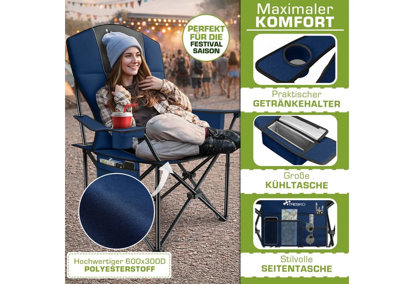 Faltbarer Campingstuhl aus Stahlrohr mit Armlehnen und Getränkehalter - Bild 5
