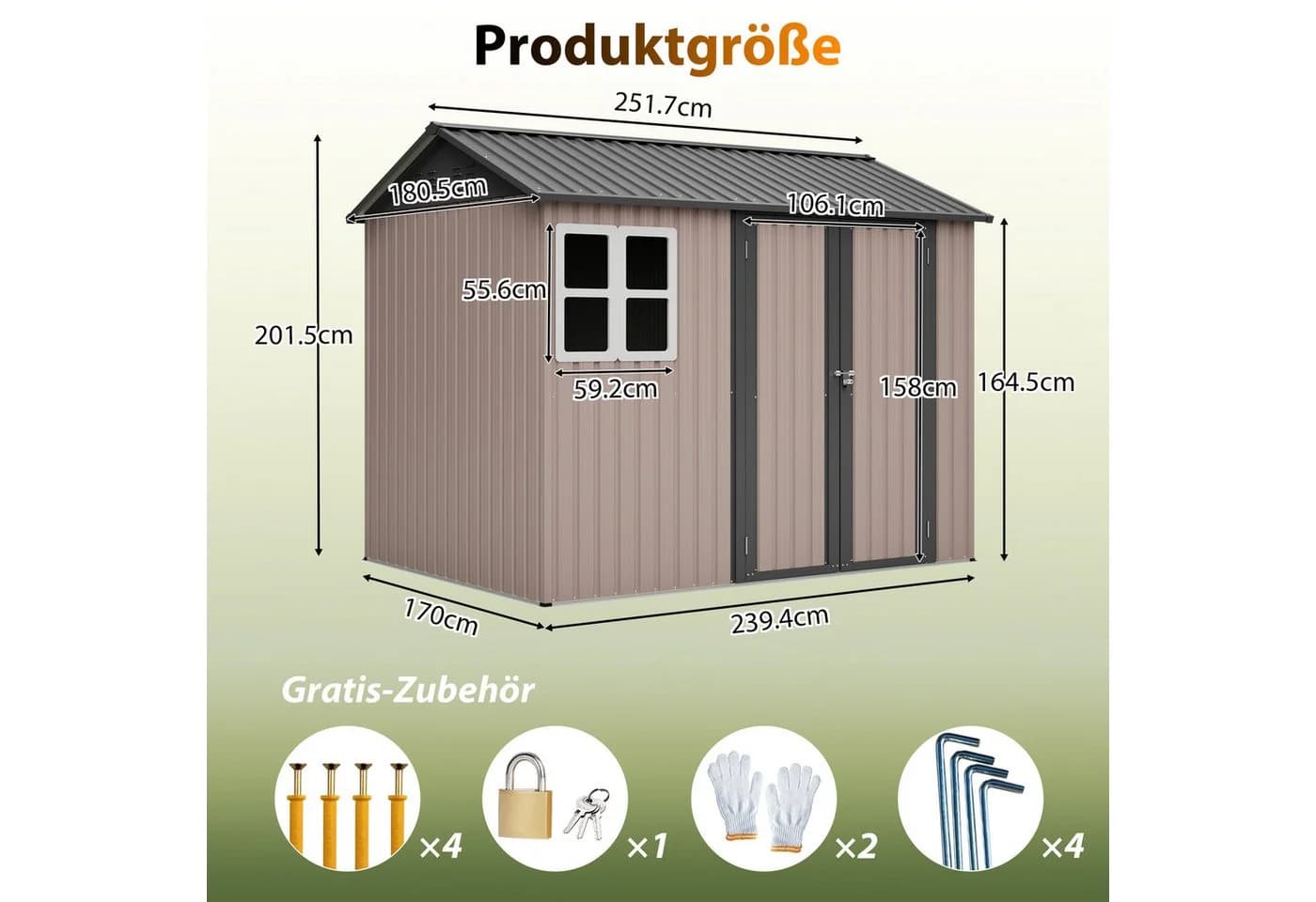 GIHAUVIA Gerätehaus Metall 184x182x191cm mit Fenster & Flügeltür