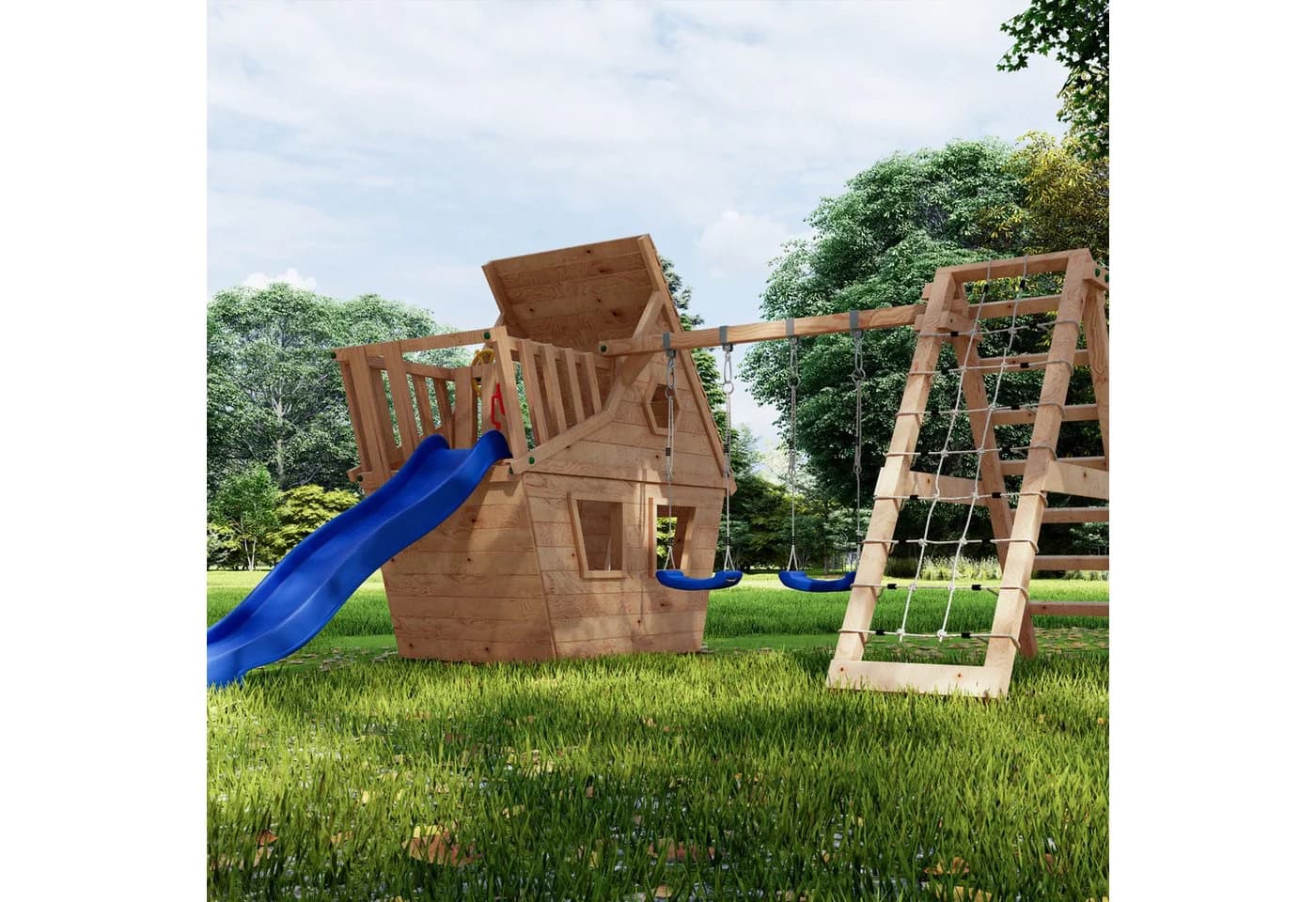 bibex Spielturm Wunderhäuschen M120 mit Rutsche, 2x Schaukel, Kletternetz, Grün - Bild 2