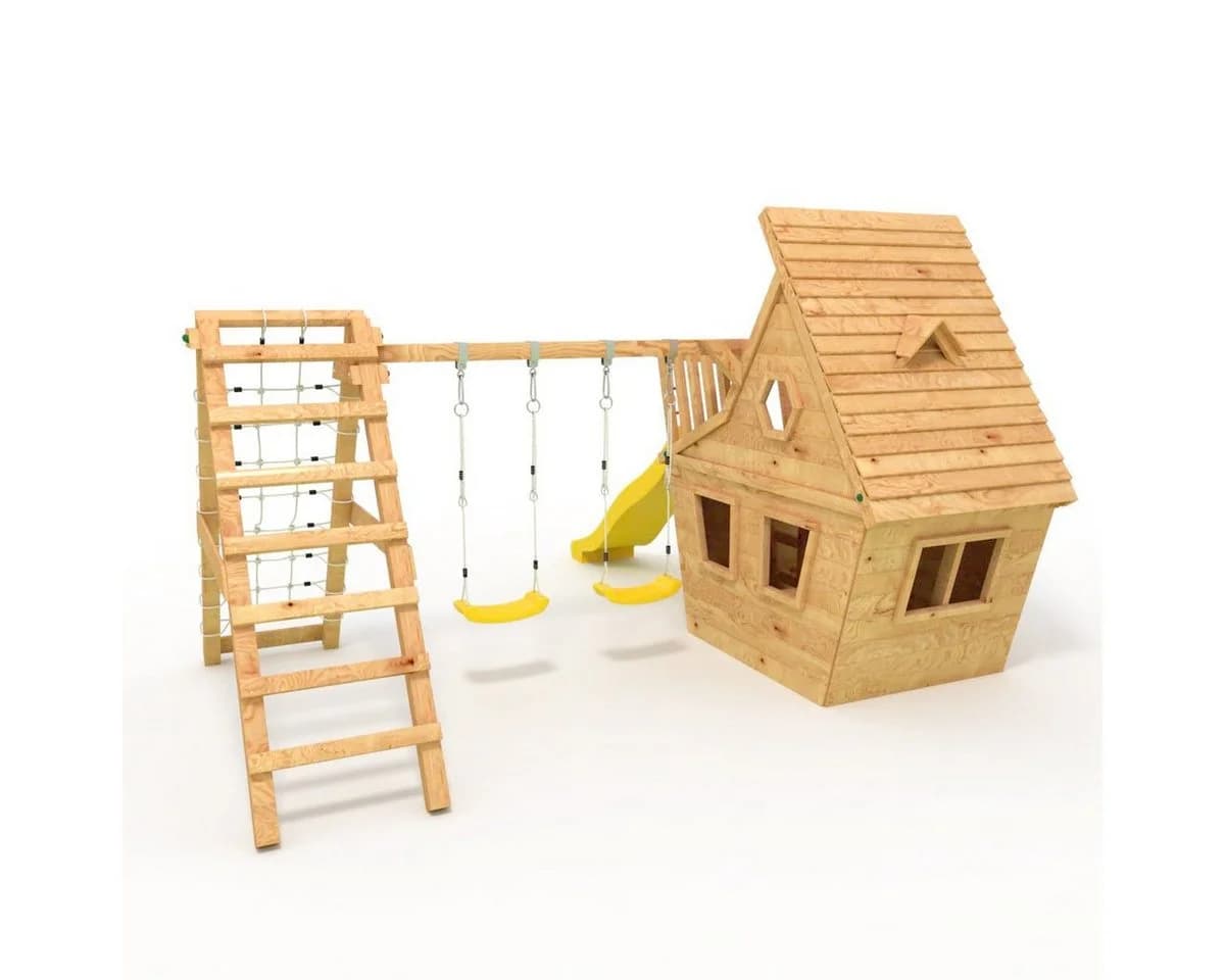 bibex Spielturm Wunderhäuschen M120 mit Rutsche, 2x Schaukel, Kletternetz, Grün - Bild 4