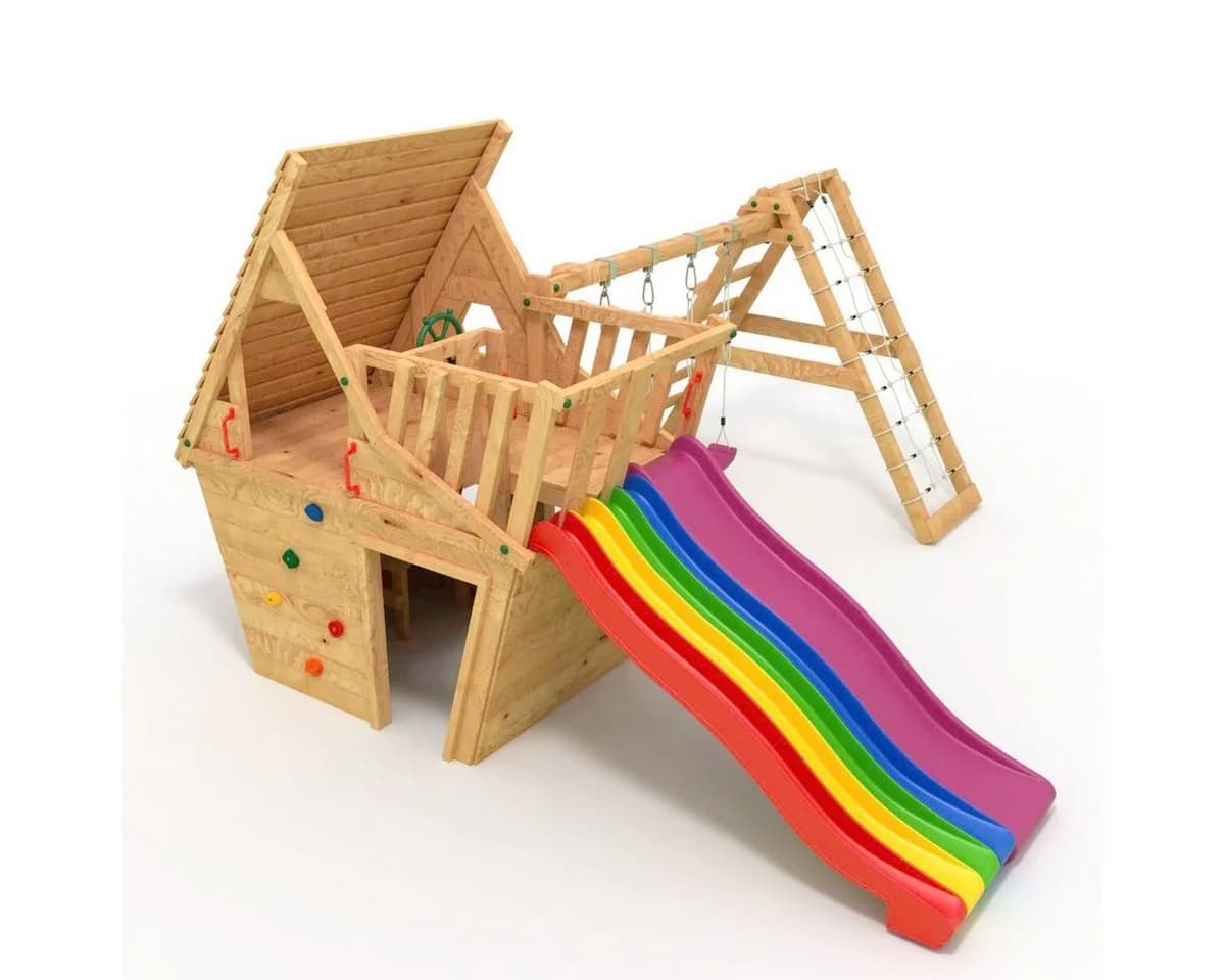 bibex Spielturm Wunderhäuschen M120 mit Rutsche, 2x Schaukel, Kletternetz, Grün - Bild 5