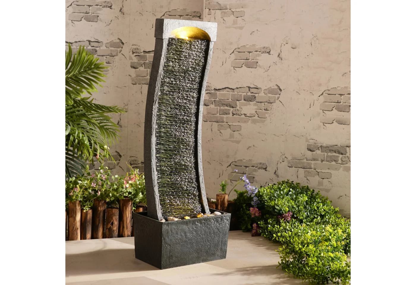 Teamson Home Gartenbrunnen Polyresin Schwarz mit LED-Beleuchtung