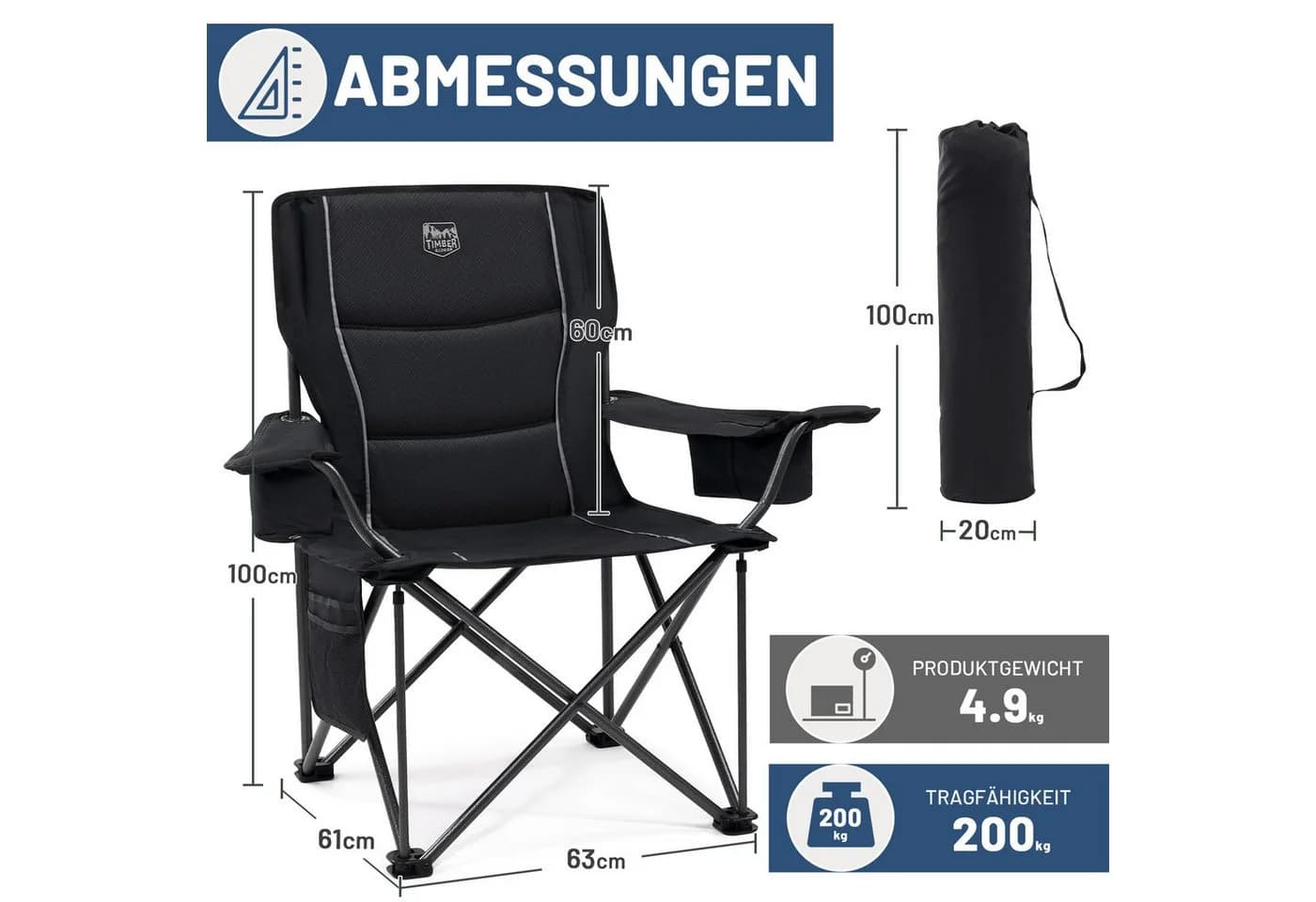 TIMBER RIDGE Campingstuhl Faltbarer Stuhl 200kg Belastbar, 600D Polyester, Höhenverstellbare Armlehnen - Bild 3