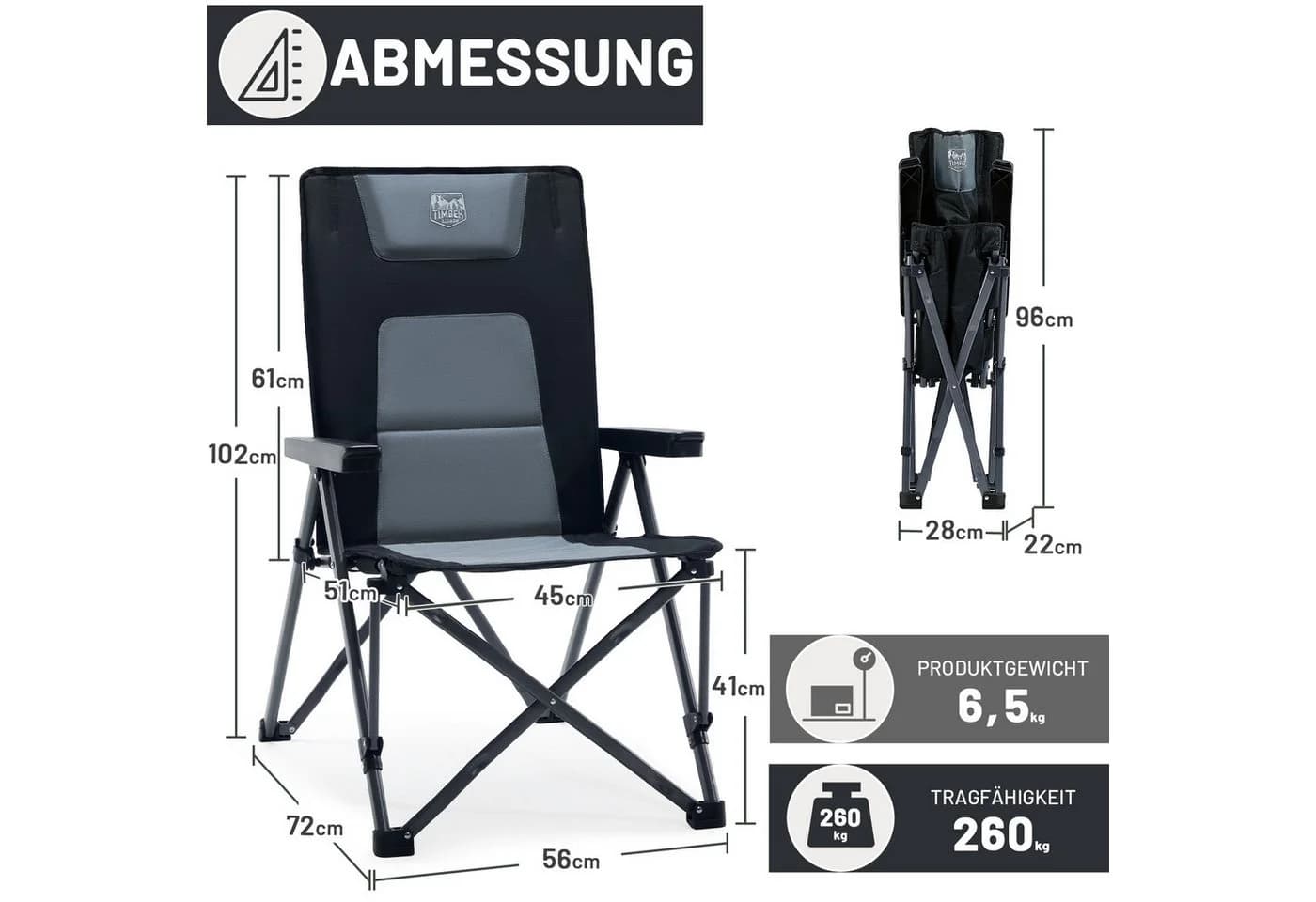 TIMBER RIDGE Campingstuhl Klappstuhl 260 kg belastbar mit Tragetasche - Bild 3
