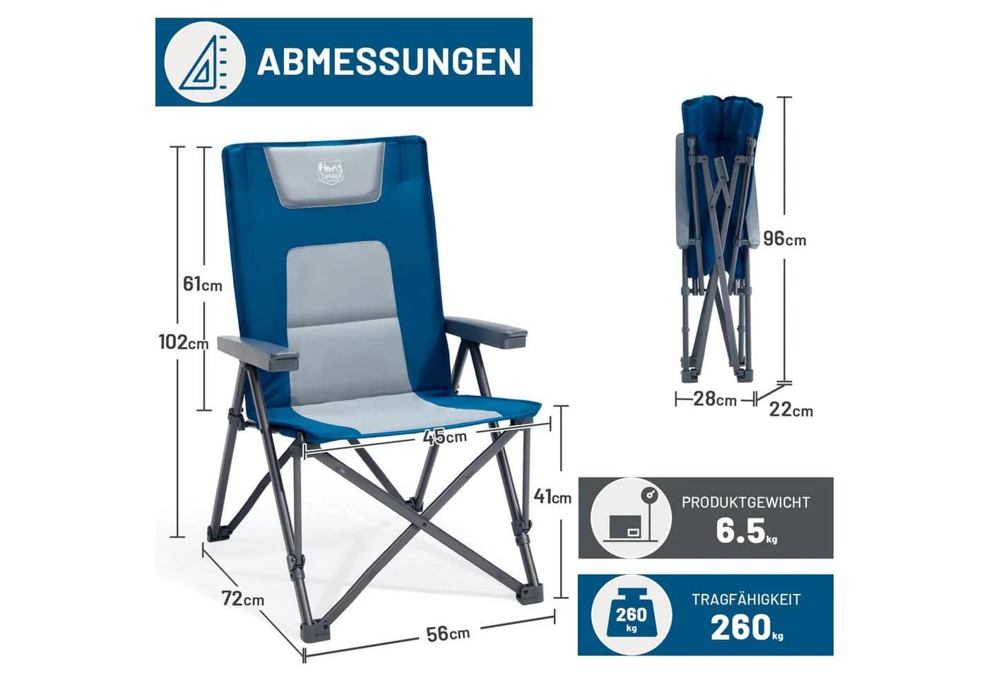 TIMBER RIDGE Campingstuhl Klappstuhl gepolstert 260 kg blau - Bild 3