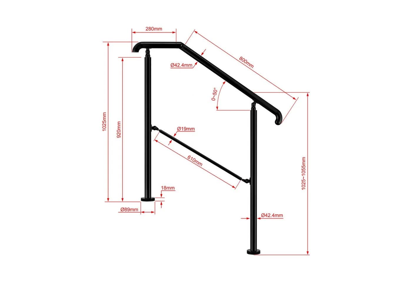 AICA Treppengeländer Edelstahl verstellbar 108 cm Länge