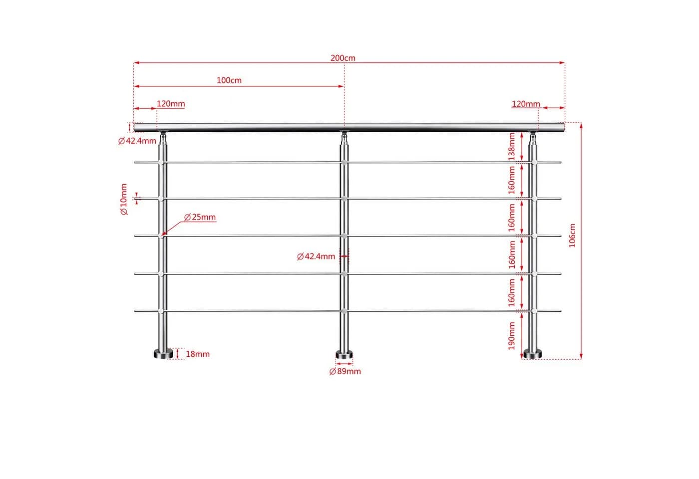 AICA Treppengeländer Edelstahl 200/220/240 cm