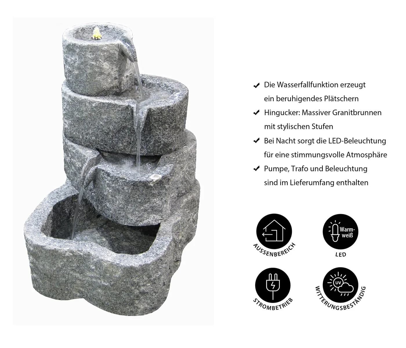 Dehner Granit Gartenbrunnen Wasserfall mit LED-Beleuchtung Grau