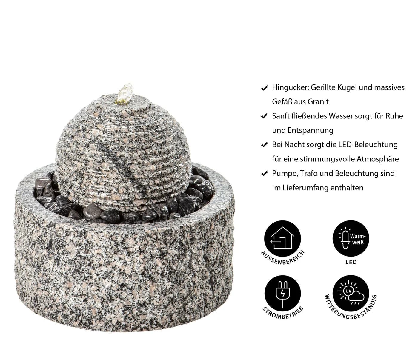 Dehner Gartenbrunnen Bern mit LED, Granit, rundes Wasserspiel inkl. Pumpe, Trafo und LED-Beleuchtung - Bild 3