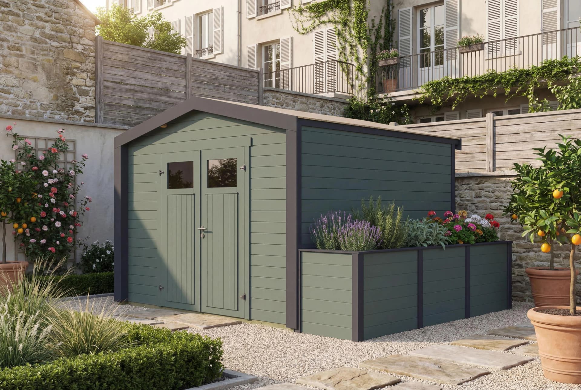 WEKA Gartenhaus Killarney Massivholz Grüngrau/Anthrazit inkl. Hochbeet