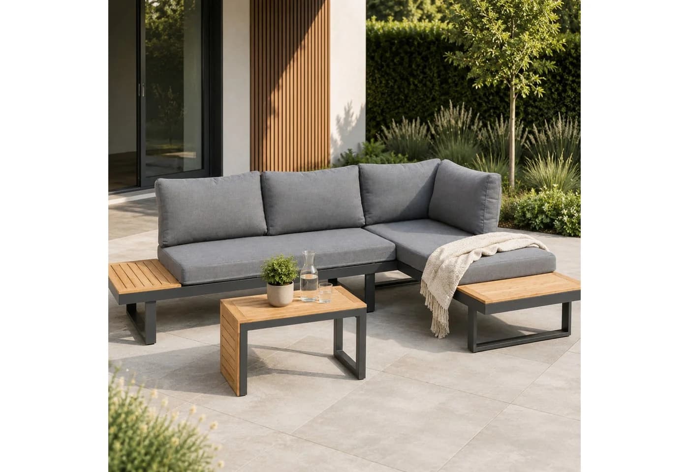Greemotion Gartenlounge-Set Samara Anthrazit/Teakholz mit Kissen & Tisch - Bild 2
